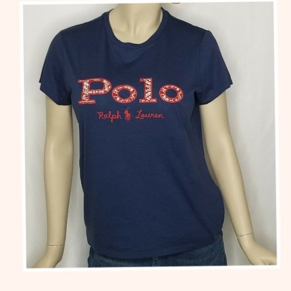Polo Ralph Lauren Womens Navy Cotton Graphic Red Logo T-Shirt - Picture 1 of 4